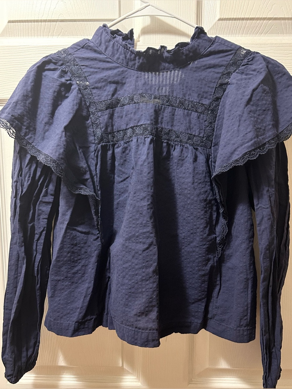 The Get Women's Navy Ruffle Lace Yoke Blouse size Medium